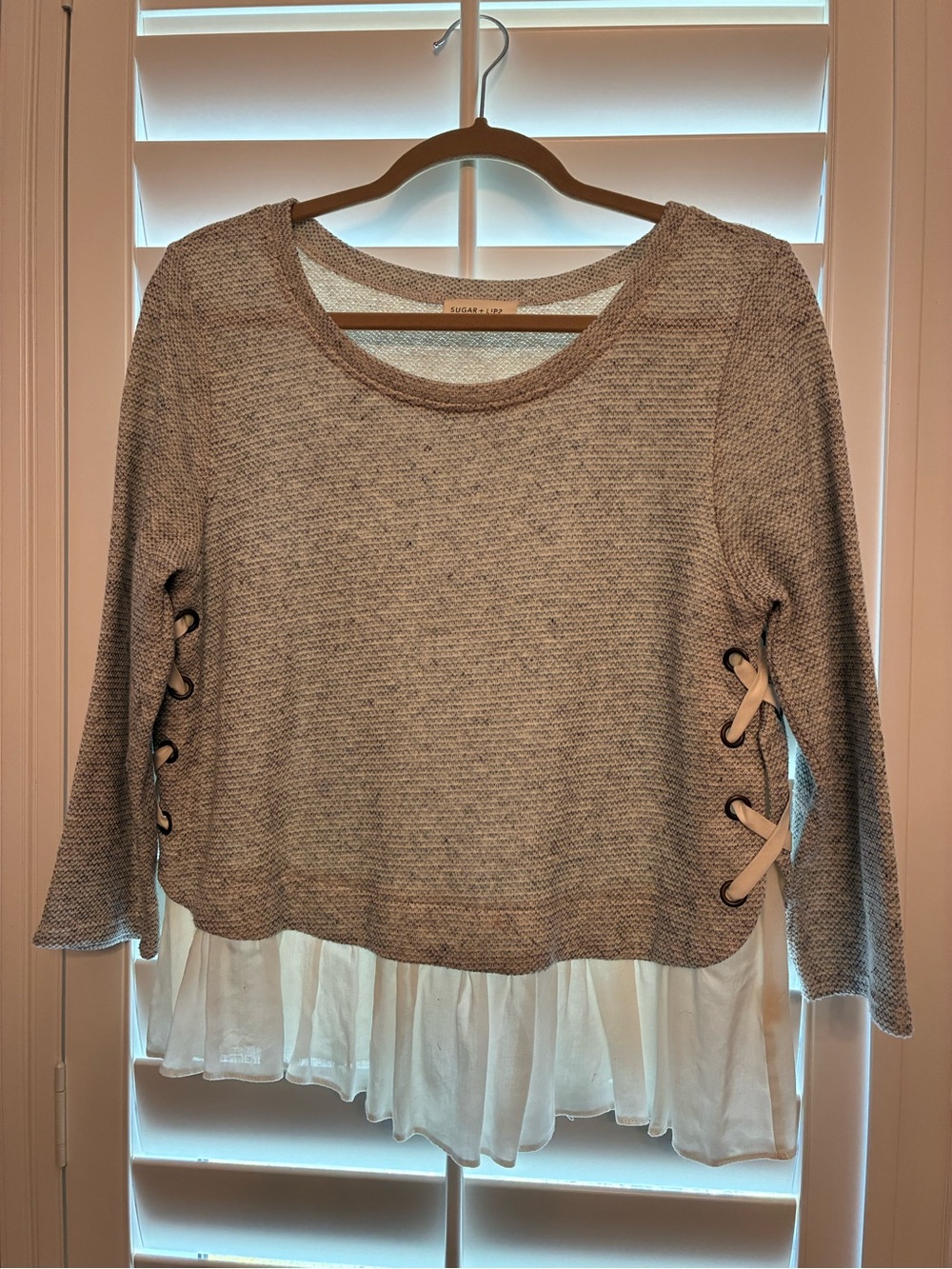 Sugarlips Grey Knit Top with White Chiffon Ruffle